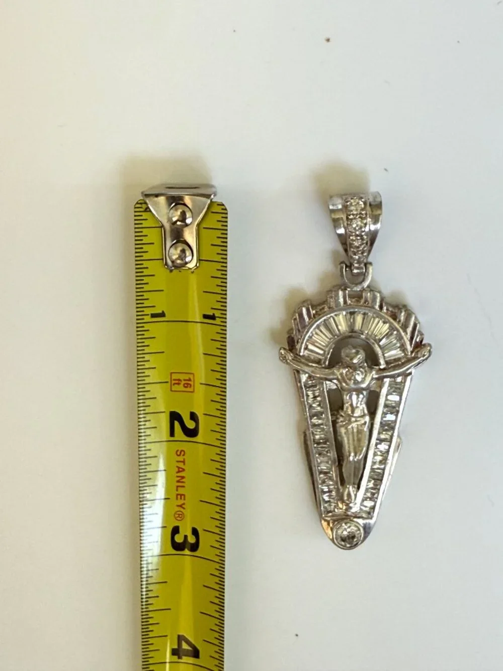 Vintage Large 925 Sterling Silver Jesus Crucifix Cross Pendant CZ Baguette
